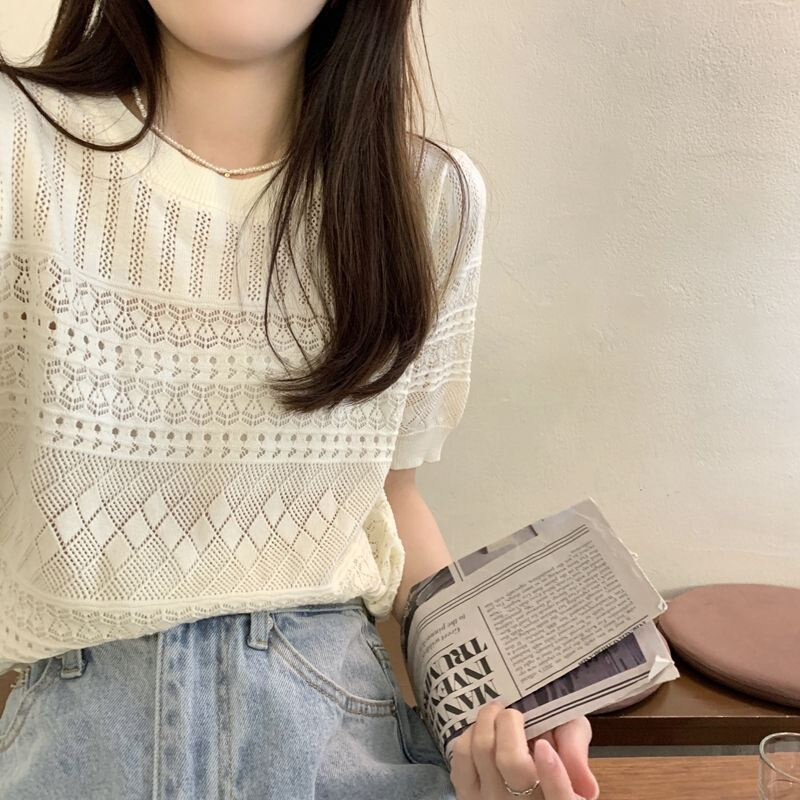 高货韩版镂空钩花设计感针织短袖T恤女2024夏季新款气质圆领打底
