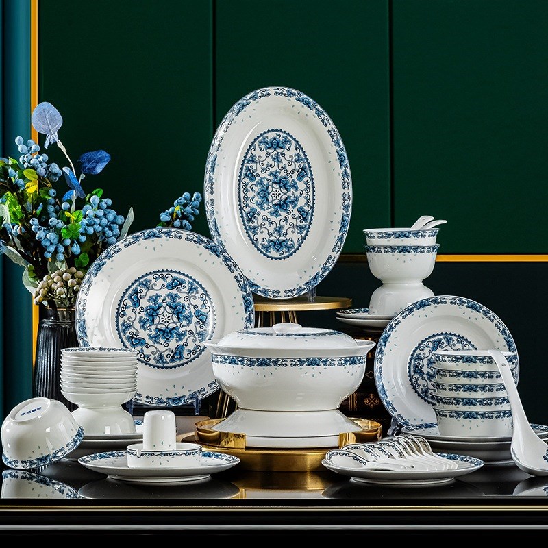 速发碗具套瓷景德镇陶瓷 家用骨装青花瓷大餐碟中碗盘套装 礼品