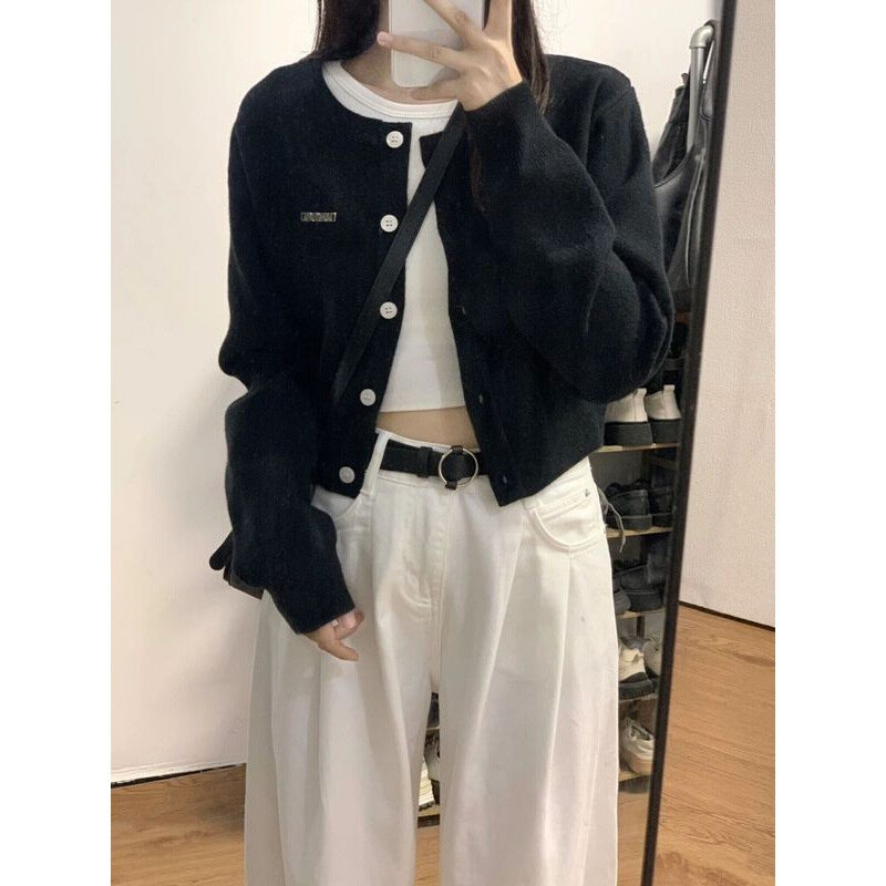 速发短款毛衣黑色长袖针织开衫女春秋季慵懒风宽松外搭感外套早秋