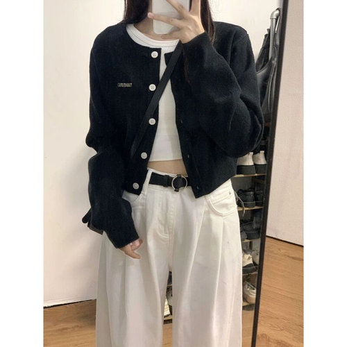 速发短款毛衣黑色长袖针织开衫女春秋季慵懒风宽松外搭感外套早秋
