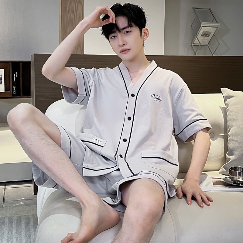 速发夏季套士睡衣男装纯棉开衫和服薄天家居服休闲夏款可外穿休闲