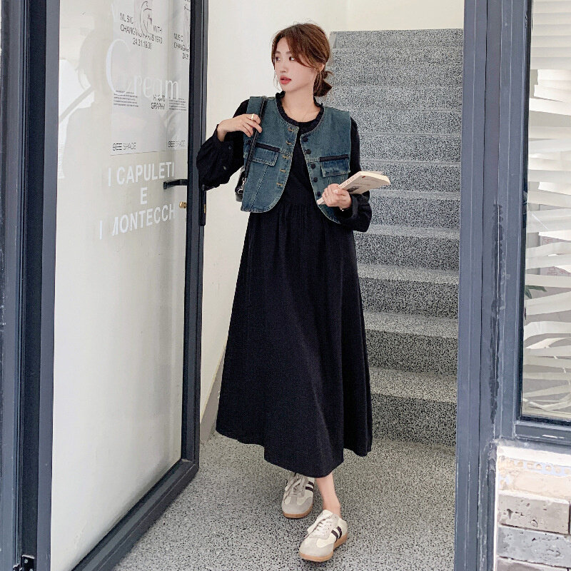 高货牛仔马甲连衣裙两件套女春秋季韩系气质百搭马夹黑色长裙时尚