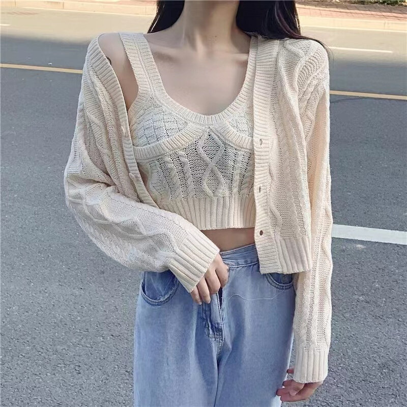 高货秋季新款慵懒风背心吊带内搭短款开衫针织毛衣外套女宽松外穿