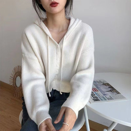 速发短款洋气高腰显瘦连帽开衫针织外套女2023春秋新款慵懒风毛衣