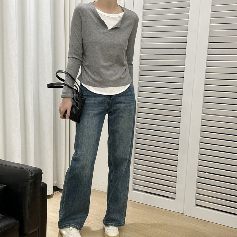 高货高货韩版舒适圆领撞色假两件T恤春装新款收腰显瘦上衣女24002