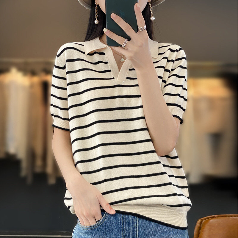 高货POLO领棉线条纹短袖针织衫女气质减龄半袖T恤衫棉线短款上衣
