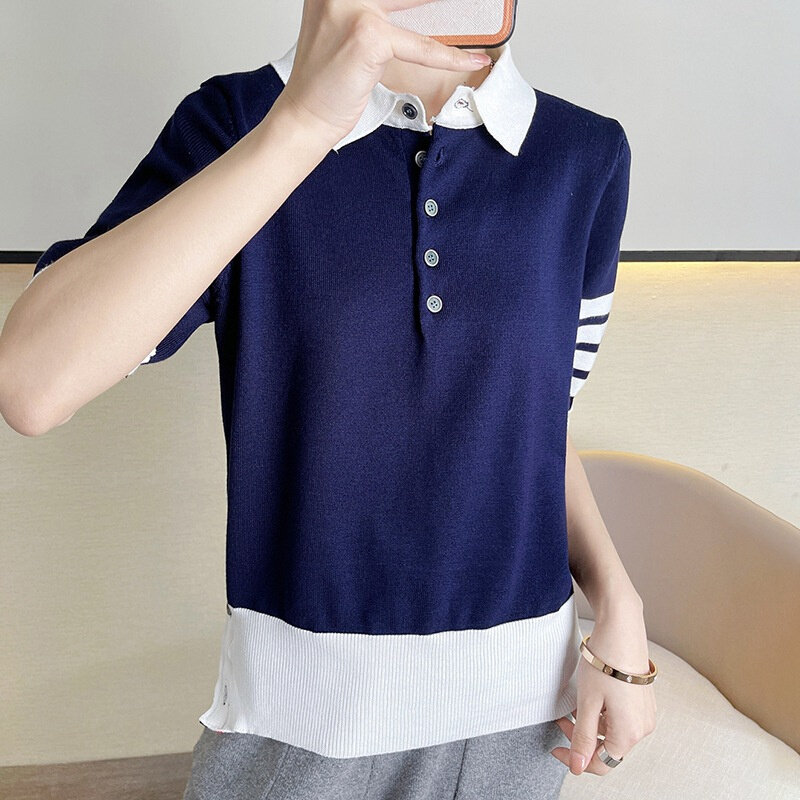 高货2024夏季网红女式针织短袖 韩版翻领四道杠T恤修身女上衣一件