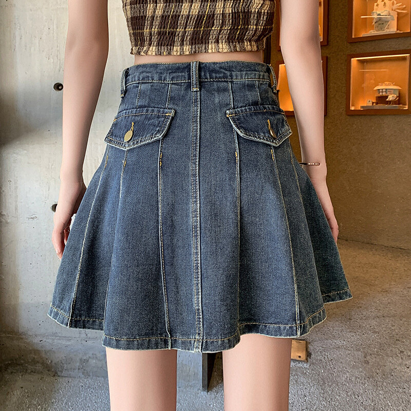 高货牛仔百褶短裙女夏季新款A字高腰小个子显瘦半身裙子个性口袋