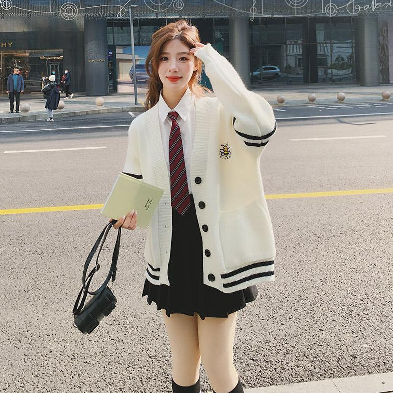 速发白色学院风刺绣针织开衫女2023年春季新款韩版宽松小个子休闲
