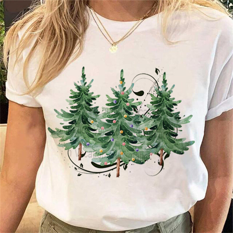 高货欧美女装圣诞节快乐圣诞树圣诞老人大码女装可爱复古半袖t恤