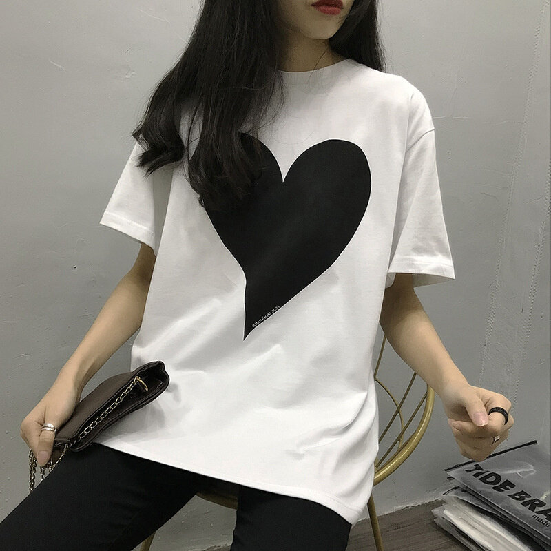 高货6535棉 2024新款欧货夏季白色t恤女爱心桃中长款宽松圆领短袖