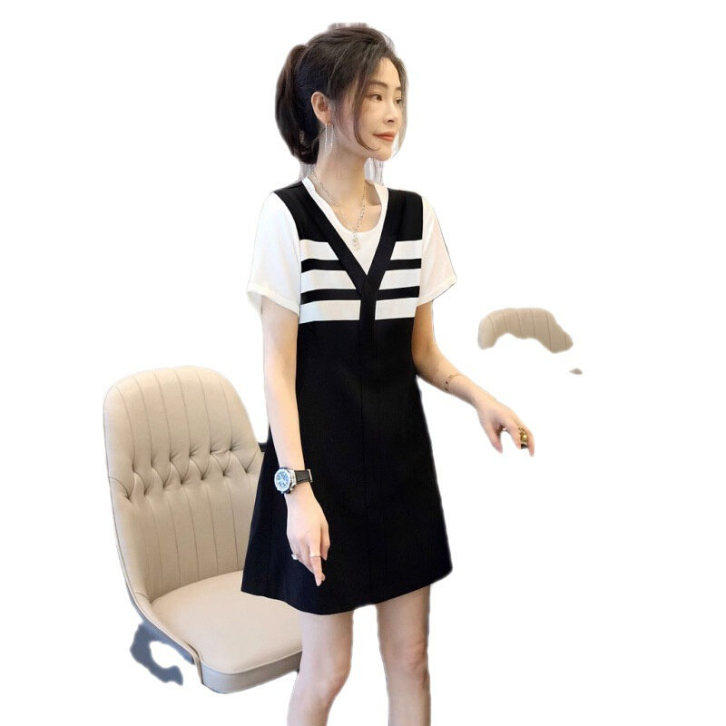 高货条纹假两件收腰显瘦连衣裙中长款休闲减龄裙子女夏装2024新款