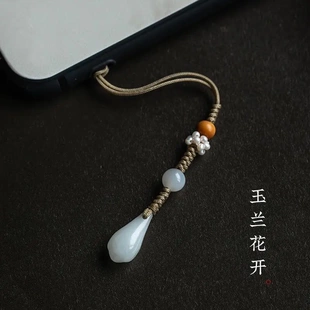和田玉玉兰花开挂绳短款 珍珠链挂链中人造玉石 纯手工制作