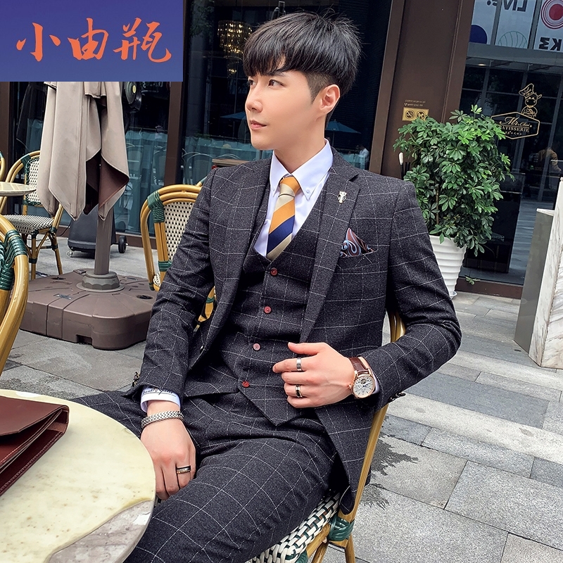 竖条纹西装套装男休闲新郎领结婚礼英伦风剃刀党西装2021秋冬格子