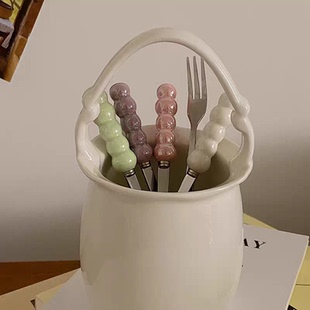 可爱水果叉子家用高档精致蛋糕甜品叉陶瓷柄叉子儿童不锈钢甜点叉