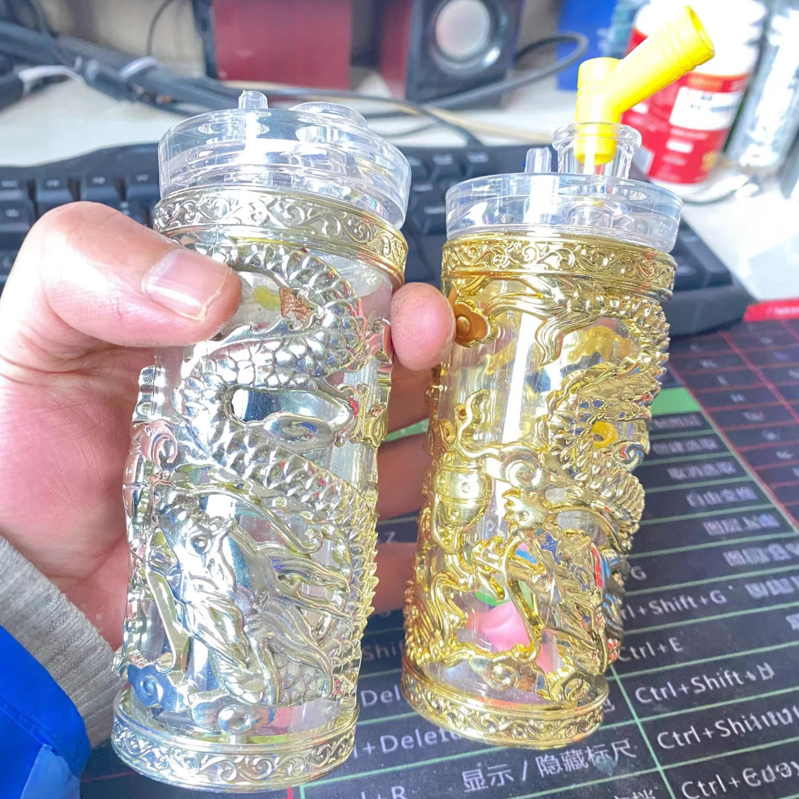 中国风双龙带闪光灯龙纹镀金烟嘴双循环过滤烟壶金色创意个性礼物