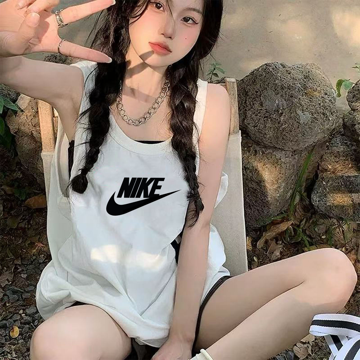 耐克背心女纯棉白色吊带纯色夏季2026新款宽松内搭无袖上衣潮