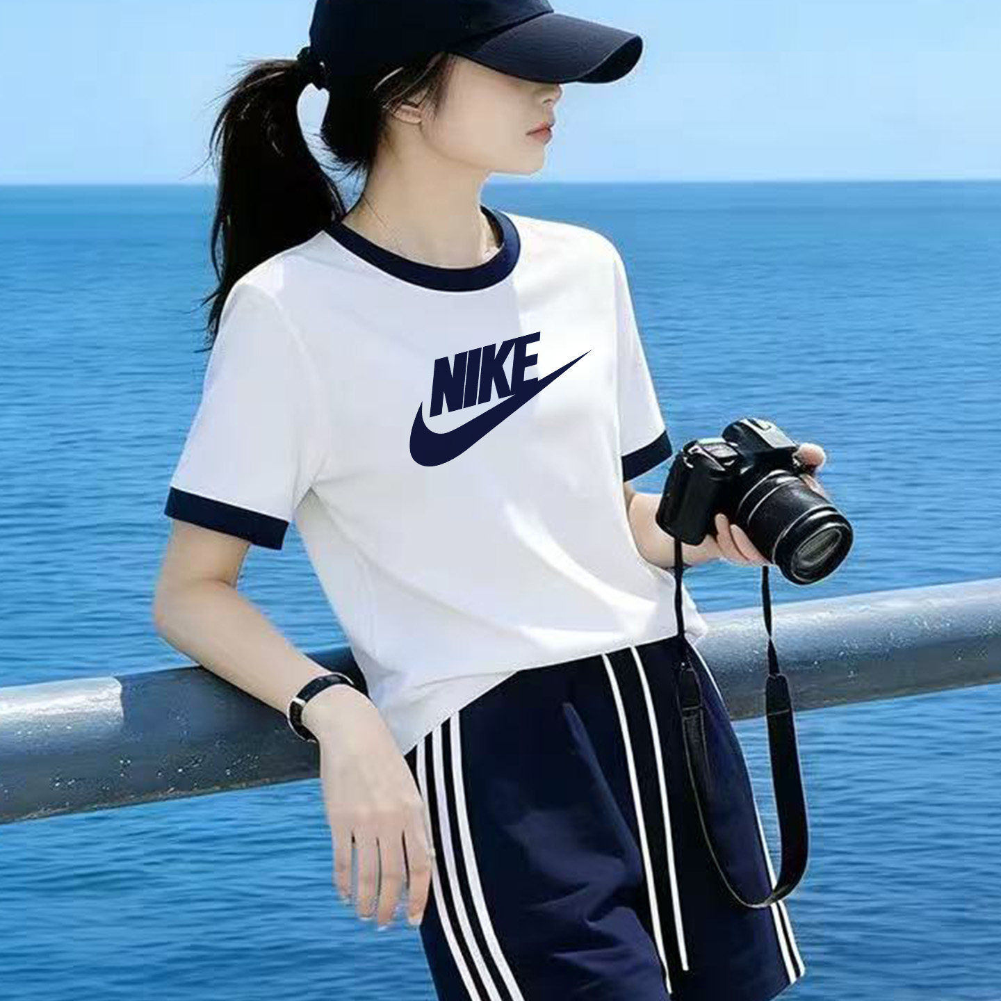 耐克短袖t恤女白蓝色纯棉设计感小众2026夏季新款欧货宽松上衣ins