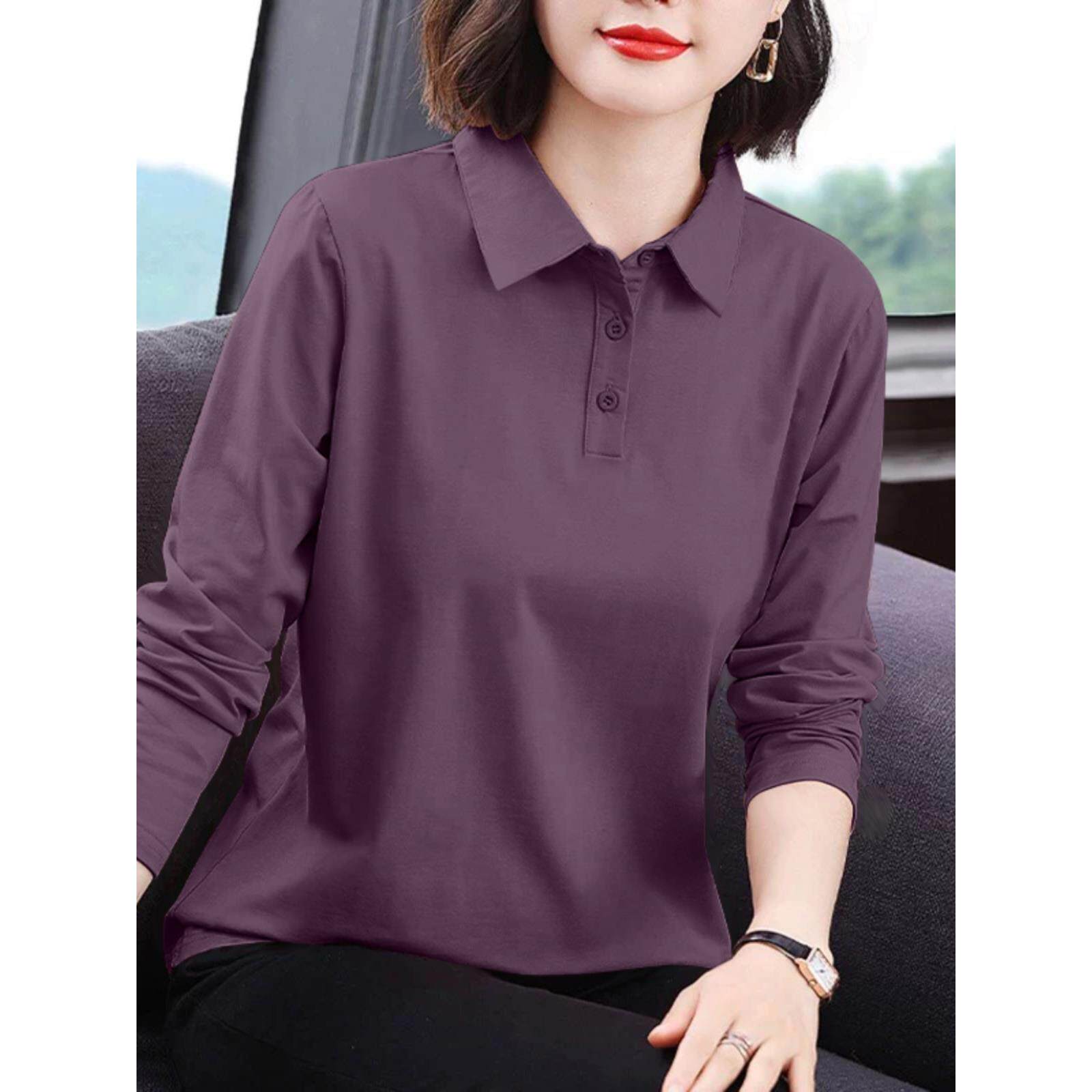 纯棉长袖t恤女2025秋季新款大码宽松遮肚显瘦polo衫百搭洋气上衣