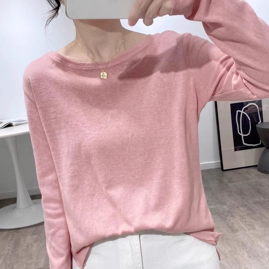 圆领正肩长袖t恤女春秋2025年新款宽松洋气内搭竹节打底衫上衣潮,女装/女士精品,大码内搭,淘宝优惠券,粉丝福利购,淘宝优惠卷