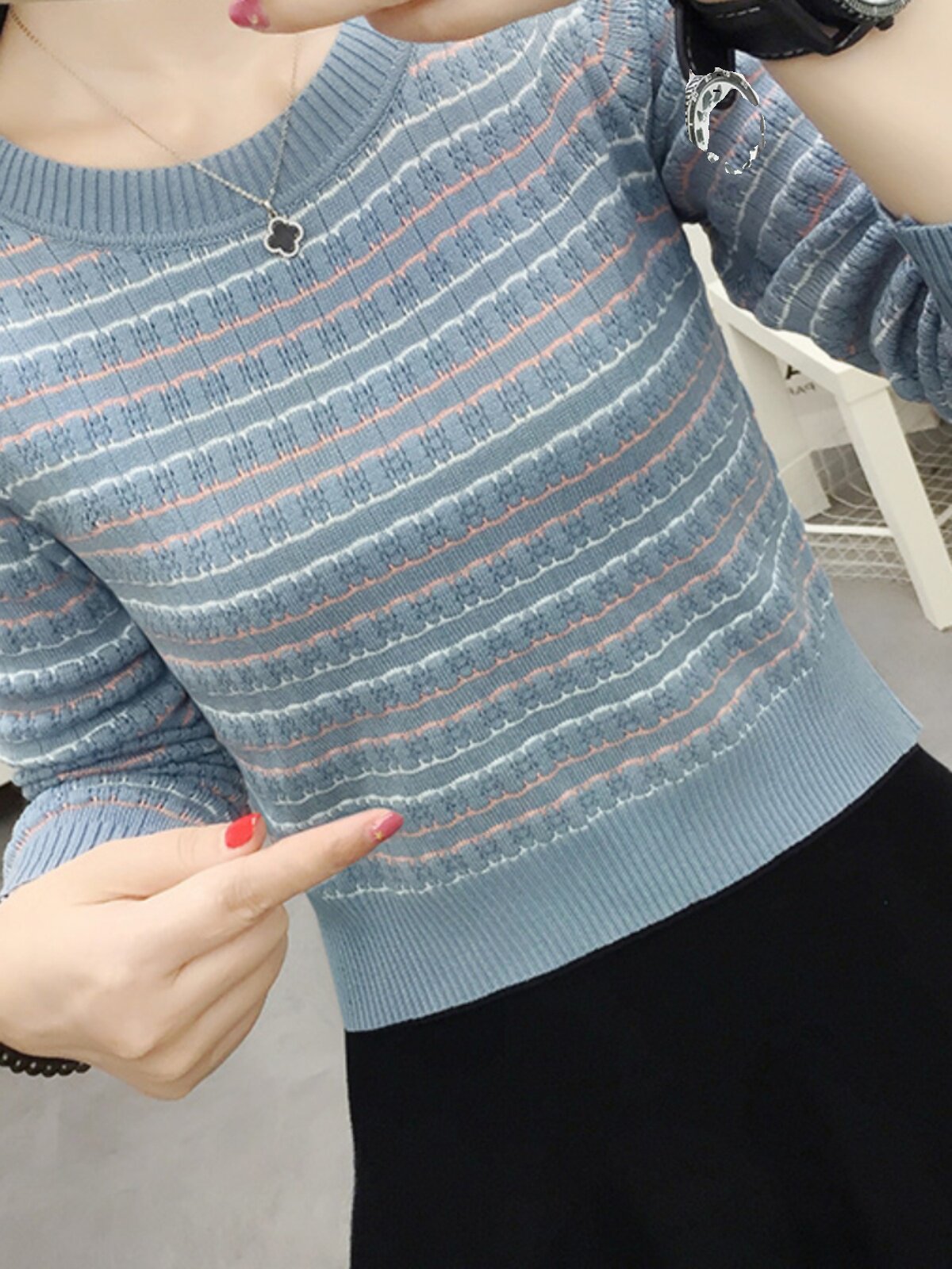 高腰短款条纹针织衫女春秋2025新款修身显瘦毛衣内搭气质打底上衣