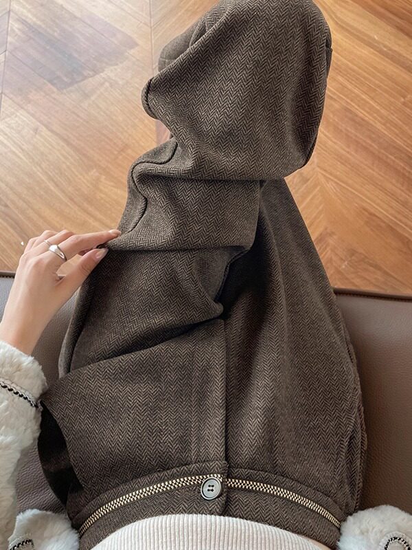 人字纹毛呢阔腿裤女秋冬2025新款加绒加厚高腰窄版西装直筒休闲裤