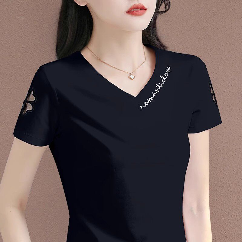纯棉短袖t恤女夏季薄款2026新款正肩V领修身显瘦时尚洋派减龄上衣