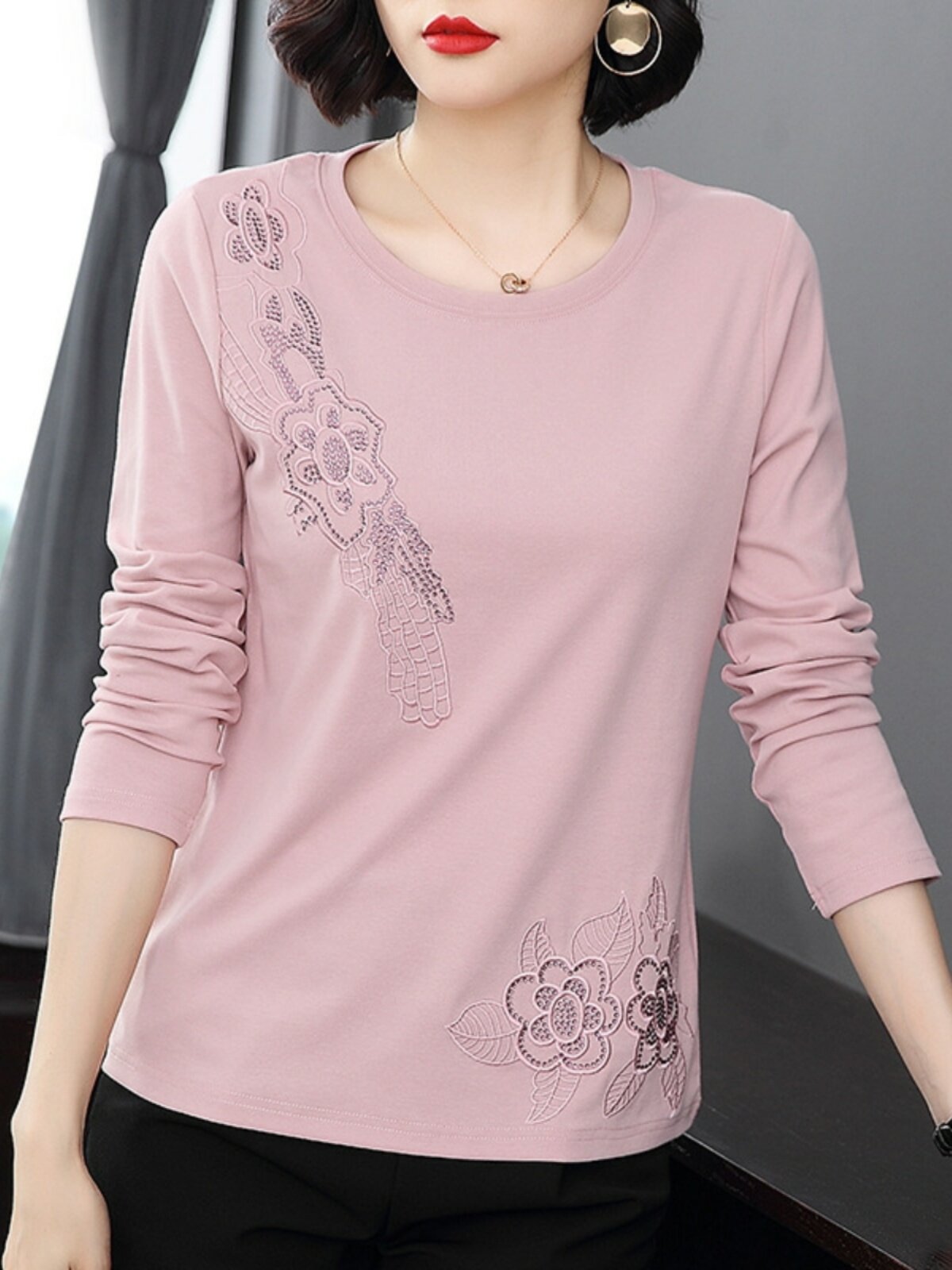 纯棉长袖t恤女春秋装2025年新款大码宽松显瘦洋气减龄打底衫上衣