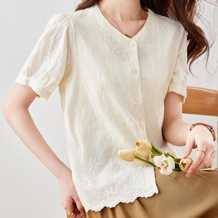 衬衫 茵小众设计感刺绣杏色V领短袖 25夏纯棉仙气花边下摆 浪漫 法式