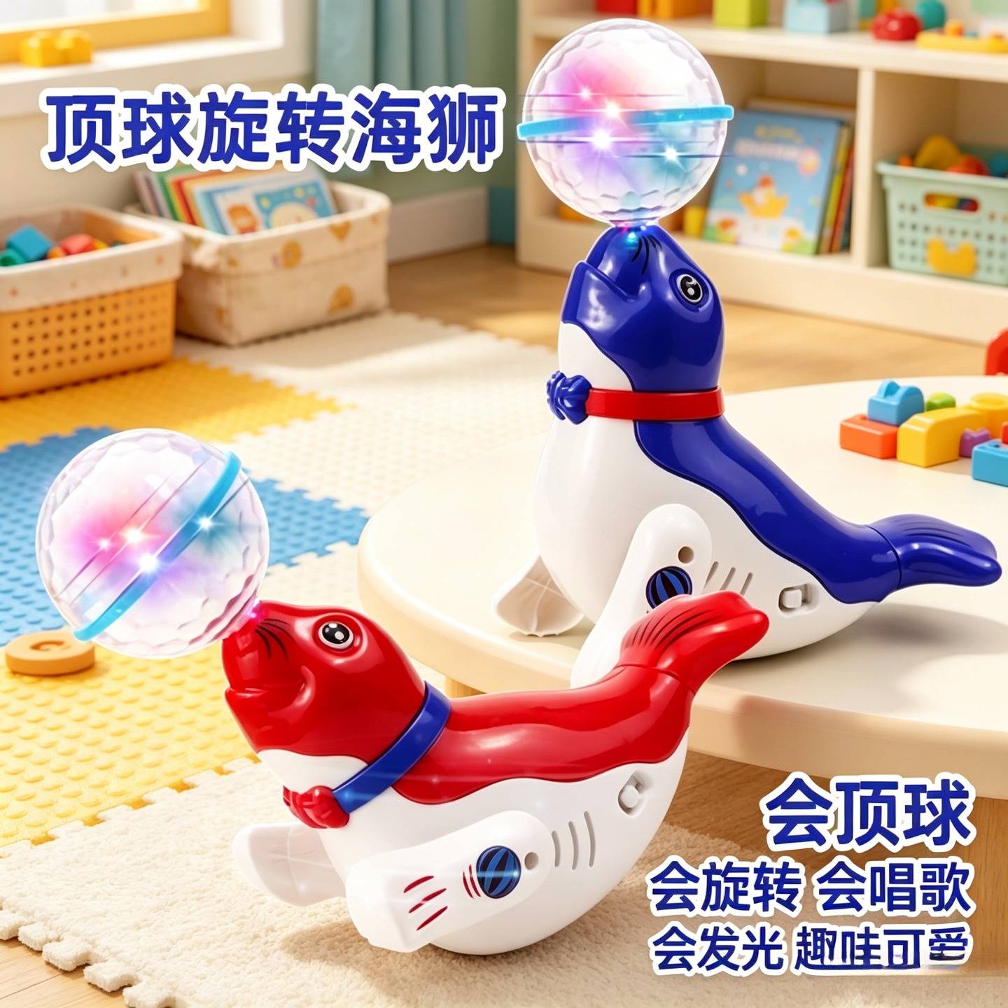 新款儿童万向旋转灯光音乐投影跳舞顶球海狮海豚电动玩具卡通