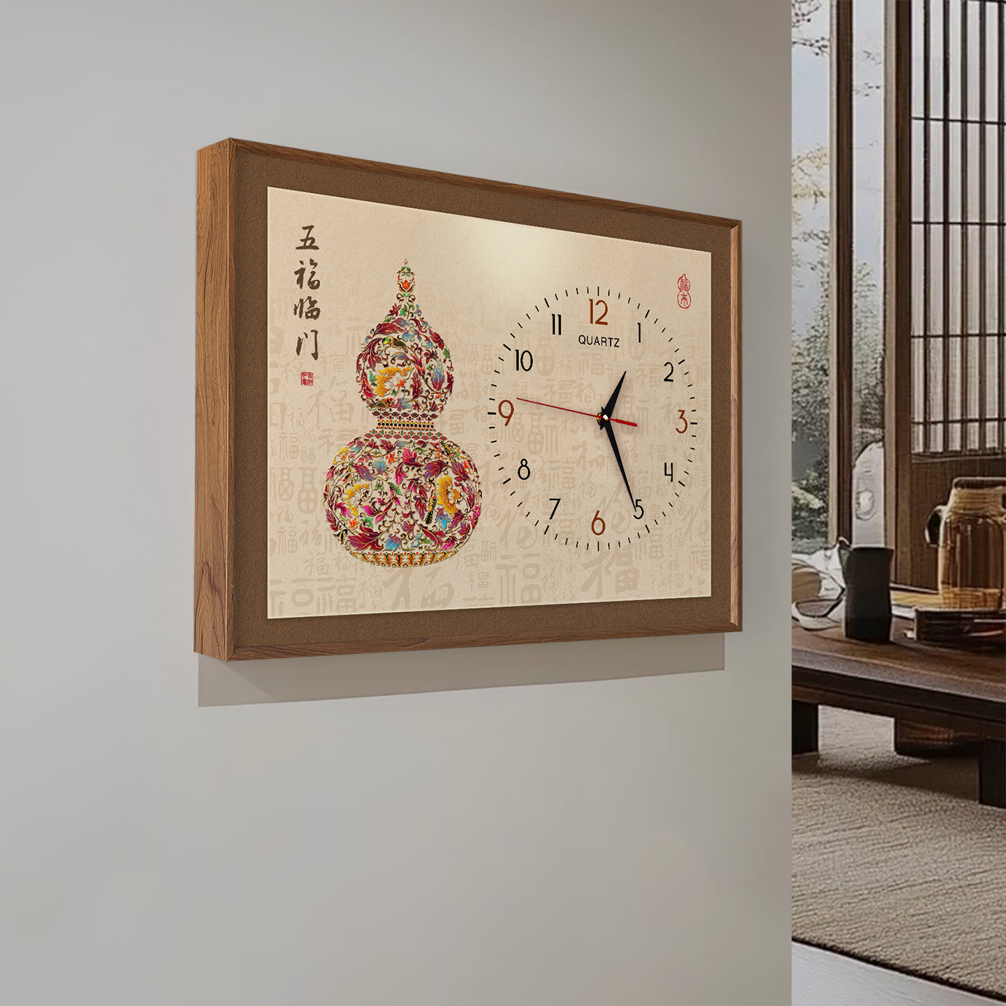 新中式电表箱装饰画福禄遮挡电闸盒带钟表弱电源开关时钟餐厅挂画图片