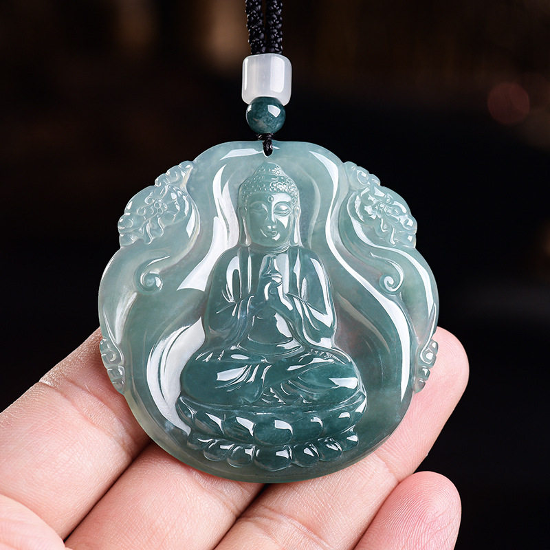天然A货翡翠蓝水双龙大日如来玉石吊坠生肖羊守护神本命佛玉项坠