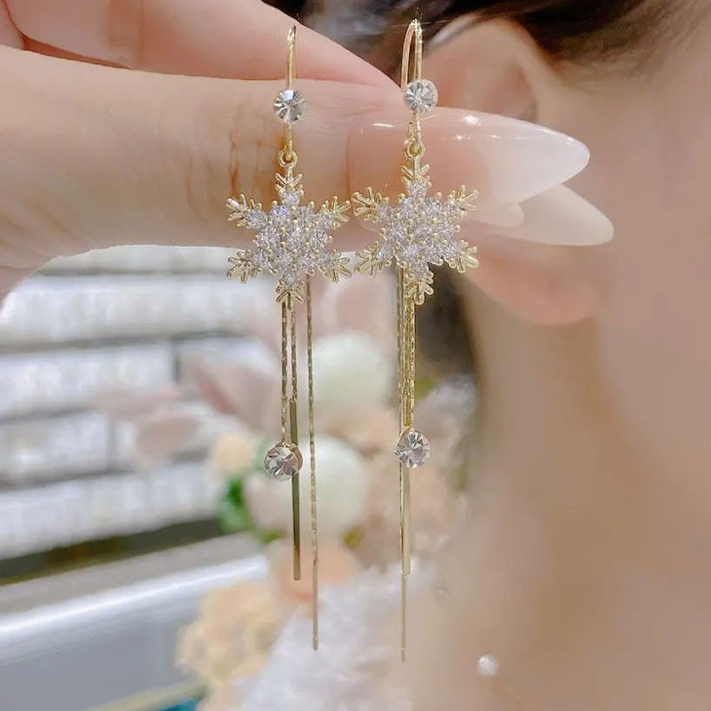 金色长款雪花流苏耳线耳环新款时尚高级感超仙女耳坠百搭配饰批发