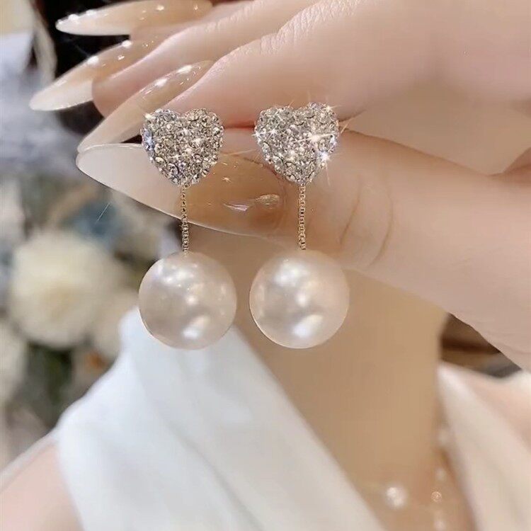 s925银针珍珠镶钻爱心耳钉法式小众一款两戴耳环气质少女耳饰