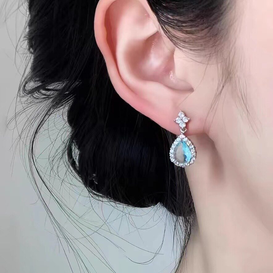 Lunar月亮的海复古海蓝宝石法式耳环耳饰耳夹高级宫廷轻奢气质ins