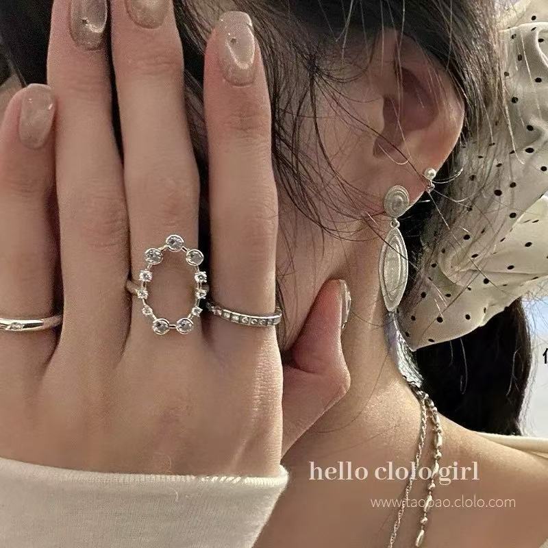 超精致!镶钻椭圆戒指叠戴韩系锆石中古轻奢高级vintage复古指环
