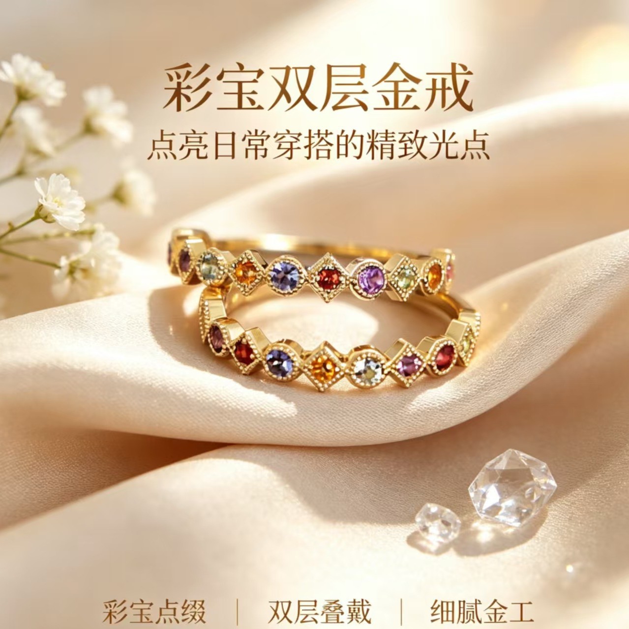 彩钻戒指女欧美小众设计潮高级指环小巧食指尾戒轻奢感开口可调节
