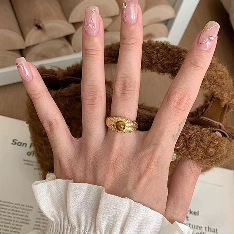 中古金色虎眼石拉丝戒指女复古高级感微镶锆石食指戒小众设计指环