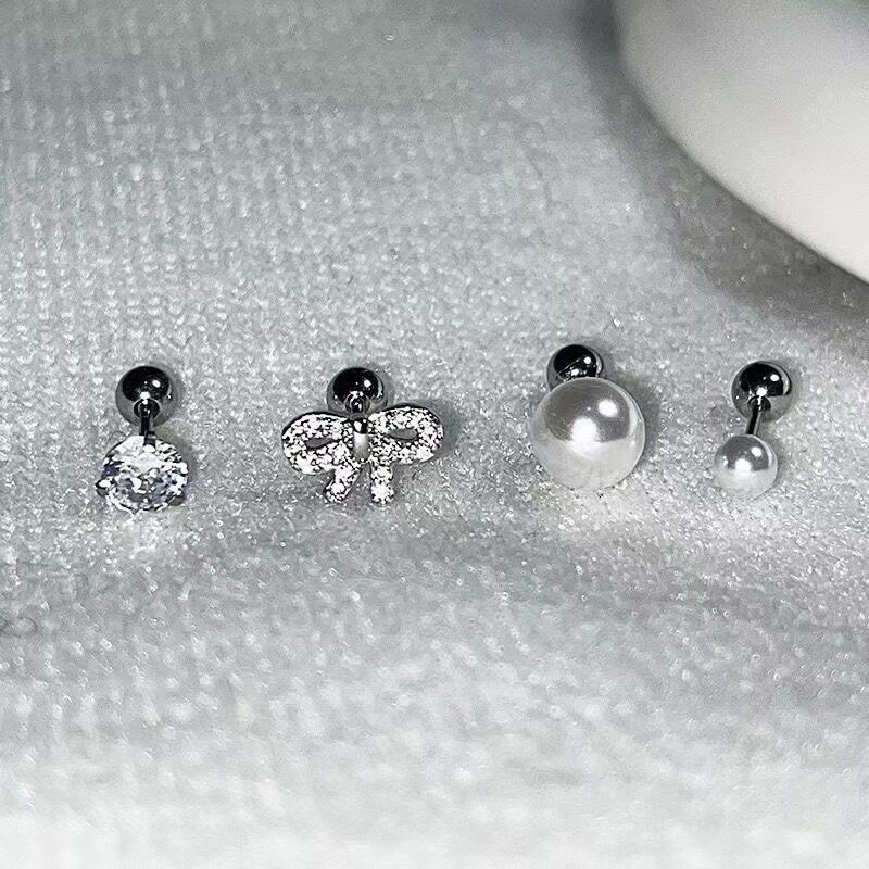 超甜软妹耳骨钉套装蝴蝶结珍珠钛钢拧螺丝耳蜗钉甜酷耳钉辣妹耳饰