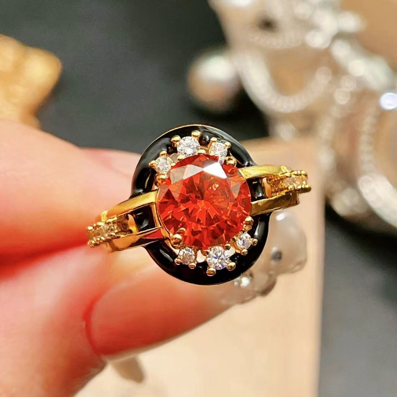 vintage中古珠宝芬达石戒指法式复古重工镀金黑玛瑙古董 彩宝戒指