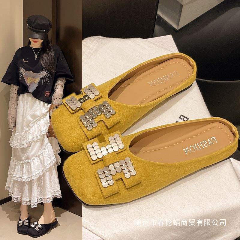 勃肯鞋半拖女外穿春款包头法式配裙子水钻平底拖鞋