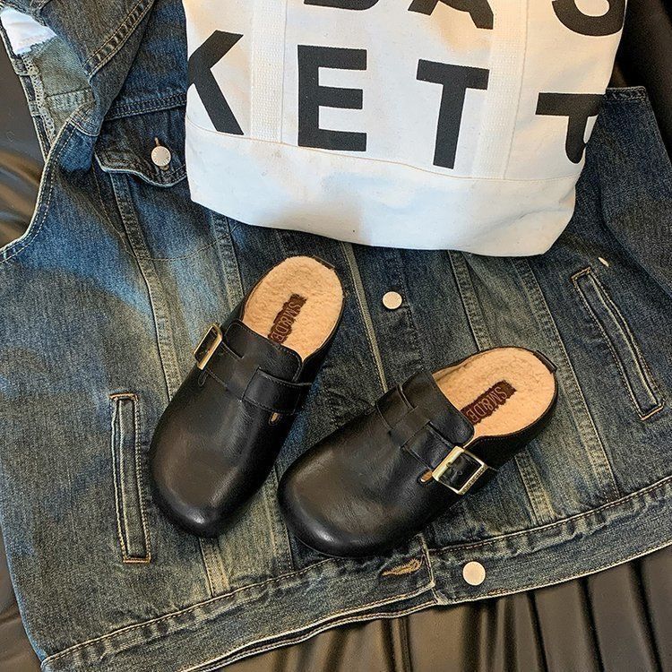 博肯毛毛棉拖鞋新款秋冬松糕厚底增高皮面勃肯鞋包头半拖鞋女