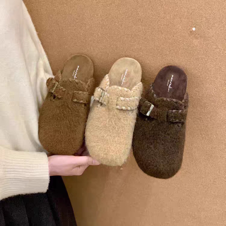 复古呢子包头半拖鞋女外穿秋冬新款厚底加绒毛毡勃肯鞋