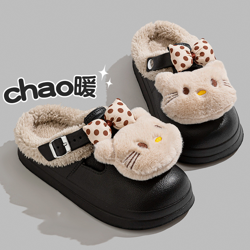 可爱猫厚底加绒勃肯鞋女穆勒鞋居家棉拖鞋女保暖鞋月子鞋包头拖