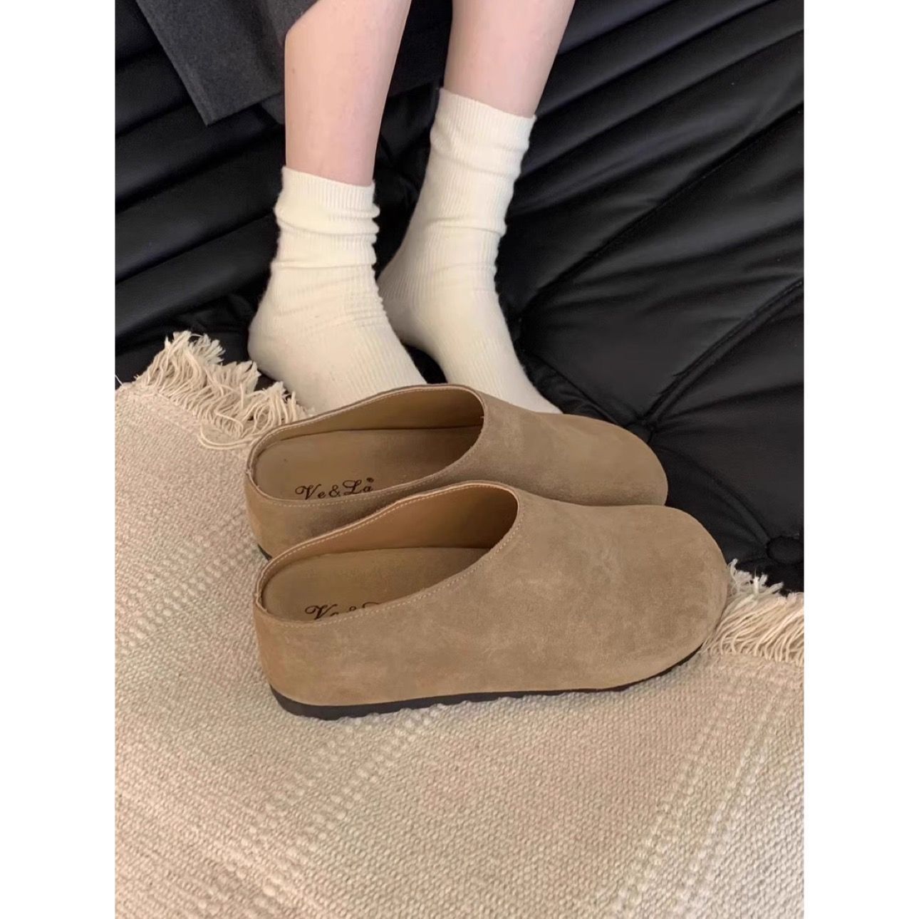 后跟半拖鞋女新款秋冬季半托包头外穿厚底加绒勃肯鞋