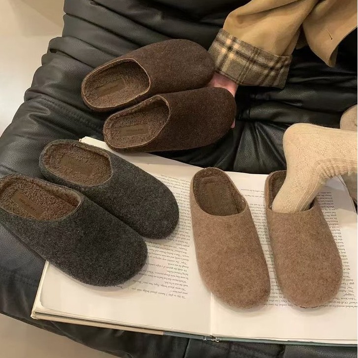 复古圆头包头半拖鞋女秋冬外穿棉鞋懒人厚底加绒勃肯鞋