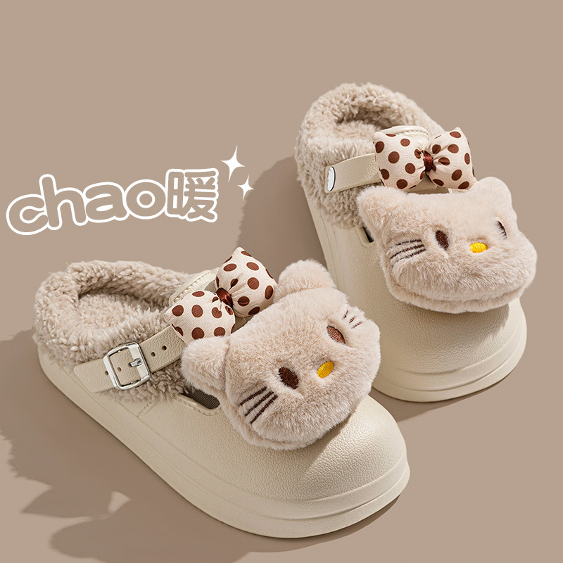可爱猫厚底加绒勃肯鞋女穆勒鞋居家棉拖鞋女保暖鞋月子鞋包头拖