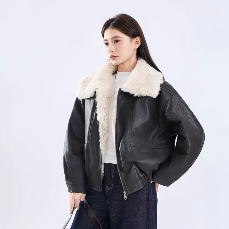 宽松版加厚保暖小个子短款皮夹克