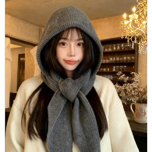 灰色巴拉克拉法连帽子围巾一体女冬季百搭保暖针织围脖护耳毛线帽