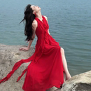 海边度假高级感长裙 法式 红色挂脖吊带连衣裙子女夏季 2025新款 爆款